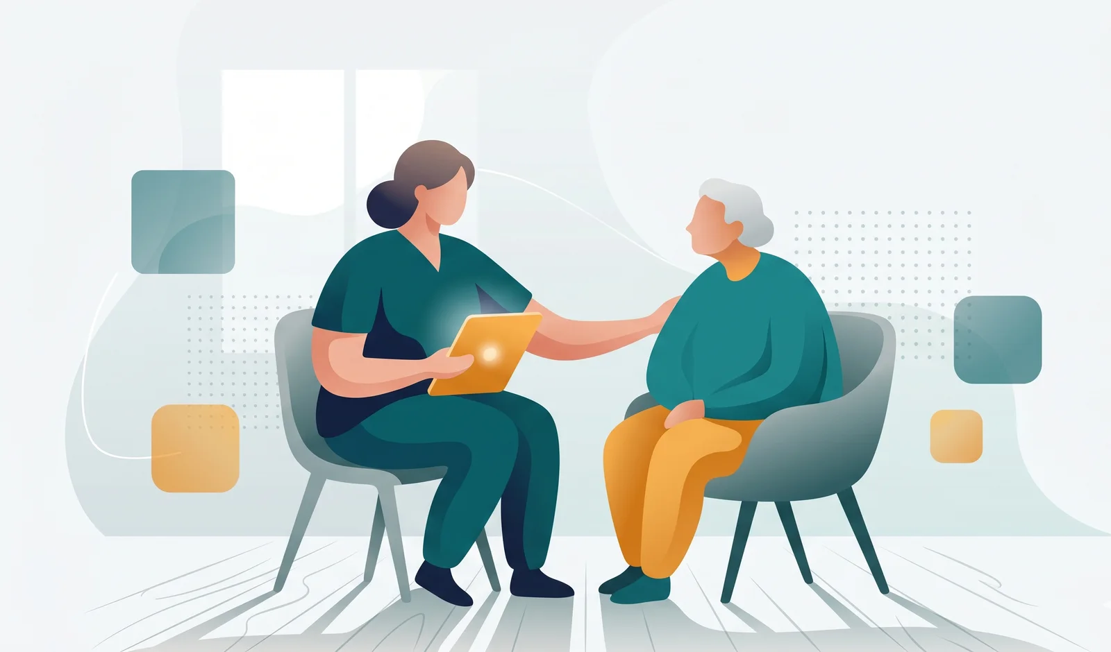 Illustration: Pflegekraft mit Tablet im Gespräch mit einer Seniorin